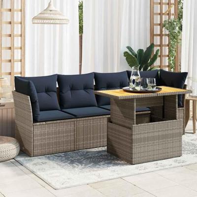 5-delige Loungeset met kussens poly rattan grijs