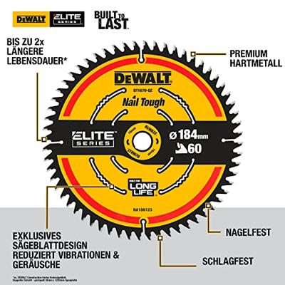 DeWALT Cirkelzaagblad voor Hout | Extreme | Ø 184mm Asgat 16mm 60T - DT1670-QZ - thumbnail