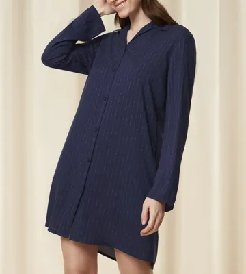 Dames nachthemd Boyfriend - Knoopsluiting - lange mouw - blauw