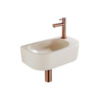 QeramiQ Fuente Fonteinset - 40x21.5x12cm - rechts - glad - halfrond - 1 kraangat - keramiek - fonteinkraan geborsteld koper - afvoerplug - verlaagd sifon - beige SW1209553/SW799405/SW799403/SW970033 - thumbnail