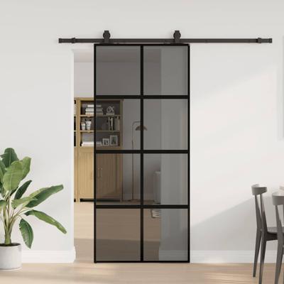 Schuifdeur met beslagset 90x205 cm gehard glas zwart