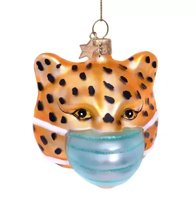 Vondels glazen kerstbal panter met mondkapje 7.5cm goud