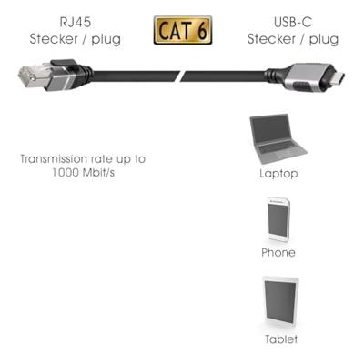 Maxtrack USB-C / RJ45 Netwerk Adapterkabel CAT 6 [1x USB-C stekker - 1x RJ45-stekker] 3.00 m Zwart