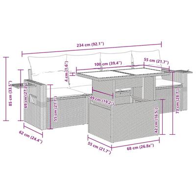 5-delige Loungeset met kussens poly rattan beige