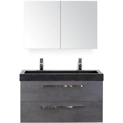 Seville Badmeubelset 100 cm - Beton Antrac - Wastafel Hardsteen Wit Lucca 2 Kraangaten met Spiegelkast