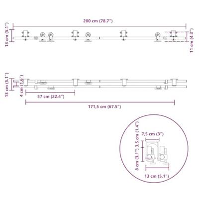 Schuifdeur onderdelenset 200 cm roestvrij staal zilverkleurig