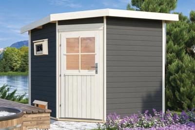 Karibu | Heikki Buitensauna Terragrijs | Klassieke Deur | Kachel 9 kW Externe Bediening