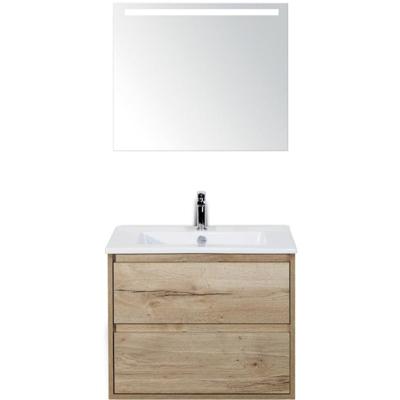 Porto Badmeubelset 70 cm - Natuur Eiken - Keramische Wastafel Wit Slim met Sence Spiegel