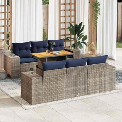 7-delige Loungeset met kussens poly rattan grijs