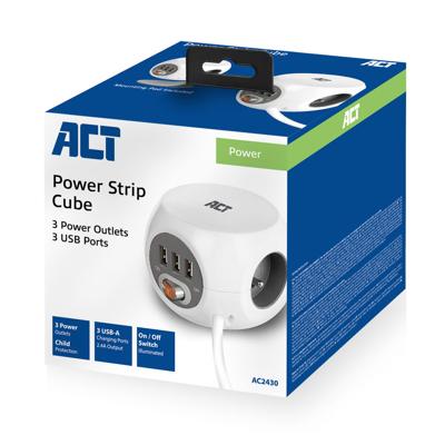 ACT Connectivity Stekkerdoos cube met 3 stopcontacten, USB-A-poorten, 1,5m (België) ACT Connectivity Stekkerdoos cube met 3 stopcontacten, USB-A-poorten, 1,5m (België)
