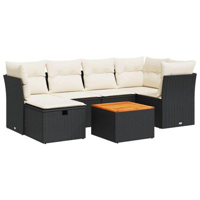 7-delige Loungeset met kussens poly rattan zwart