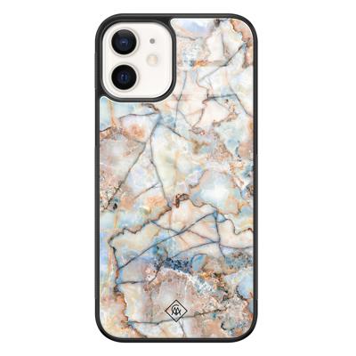 iPhone 12 glazen hardcase - Marmer bruin blauw iPhone 12 glazen hardcase - Marmer bruin blauw