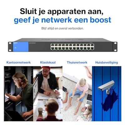 Linksys LGS124-EU 24-poorts onbeheerde Gigabit-netwerkswitch - Ethernet-switch/hub met metalen behuizing voor thuis en kantoor - Tafelmodel of wandbevestiging, Ethernet-splitter, Plug-and-play