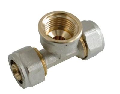 Kirchhoff Messing adapter T-stuk, vernikkeld, 20 mm x 1/2"IT x 20 mm, klemkoppeling voor meerlagenbuis - 988912355
