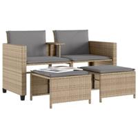 Tuinbank 2-zits met tafel en voetenbanken poly rattan beige - thumbnail