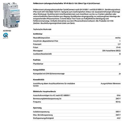 Hager ADS916D Aardlekschakelaar/zekeringautomaat 2-polig 16 A 0.03 A 240 V