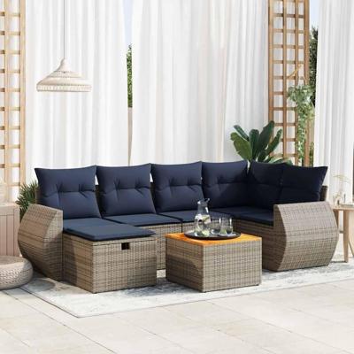 7-delige Loungeset met kussens poly rattan grijs