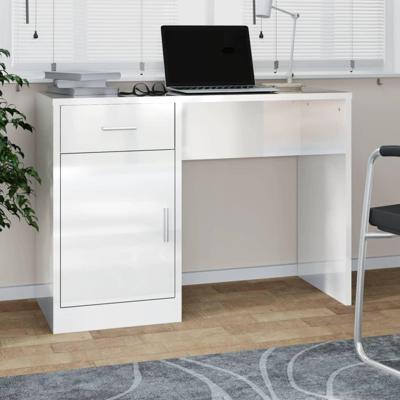 Bureau met kast en lade 100x40x73 cm bewerkt hout hoogglans wit