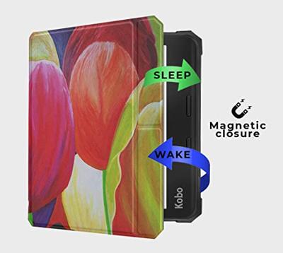 Lunso - Kobo Libra 2 hoes (7 inch) - Vegan Saffiano Leren sleep cover - Tulpen
