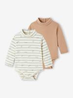 Set van 2 body's voor pasgeborenen in interlock 1 gestreept + 1 effen beige - thumbnail