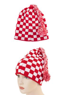Gebreide Muts Geblokt rood/wit met flosje