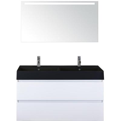 Maxx XL Badmeubelset 120 cm - Wit Hoogglans - Wastafel Kube Dubbel Zwart 2 Kraangaten met LED Spiegel