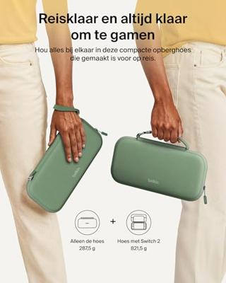 Belkin Gaming Nintendo Switch 2 Beschermhoes voor op reis met AirTag-houder en opbergruimte voor spelletjes - Draagtas, licht, reishoes met harde schaal en zachte voering, reisaccessoires - Groen