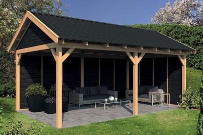 Tuindeco Hamar XL Overkapping type 2 678x445cm Lariks/Douglashout blank en Zweeds rabat zwart- Zadeldak- Onbehandeld lariks Douglas hout- Tuindeco