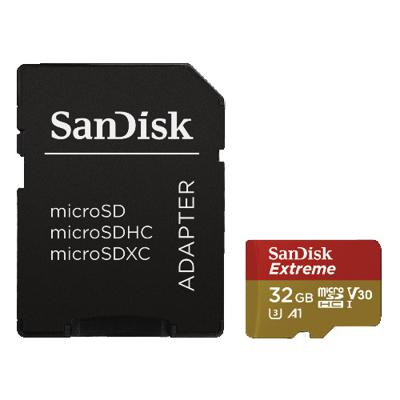 SanDisk Extreme® Action Cam microSDHC-kaart 32 GB Class 10, UHS-I, UHS-Class 3, v30 Video Speed Class Incl. SD-adapter, A1-vermogensstandaard SanDisk Extreme® Action Cam microSDHC-kaart 32 GB Class 10, UHS-I, UHS-Class 3, v30 Video Speed Class Incl. SD-adapter, A1-vermogensstandaard