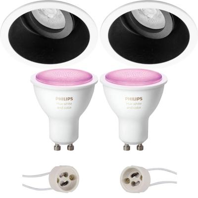 GU10 Inbouwspot Set - Mat Zwart/Wit - Inbouw Rond - Kantelbaar - Philips Hue - White and Color Ambiance - Bluetooth - Pragmi Zano Pro - Ø93mm