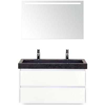 Dante Badmeubelset 100 cm - Wit Hoogglans - Wastafel Hardsteen Wit Lucca 2 Kraangaten met Sence Spiegel