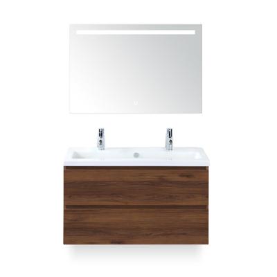 Vogue Badmeubelset 100 cm - Greeplijst in kleur - Walnoot - Keramische Wastafel Wit 2 kraangaten - met Sence Spiegel