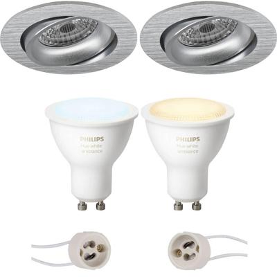 GU10 Inbouwspot Set - Mat Zilver - Inbouw Rond - Kantelbaar - Philips Hue - White Ambiance - Bluetooth - Pragmi Delton Pro - Ø82mm
