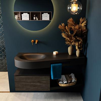 MONDIAZ RIVA 120cm badmeubel onderkast / planchet kleur Dark_Brown met 1 lade. Wastafel DULCET links 0 kraangaten kleur Urban.