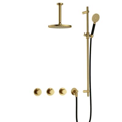 Hotbath Cobber - CB7067 - Inbouw Regendoucheset - Geborsteld Messing PVD - 2 Stopkranen - Thermostatisch - Plafondbuis 15 cm - Hoofddouche 200 mm - Ronde Handdouche 3 Standen - Glijstang 900 mm - Waterbesparend