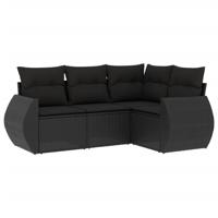 4-delige Loungeset met kussens poly rattan zwart - thumbnail