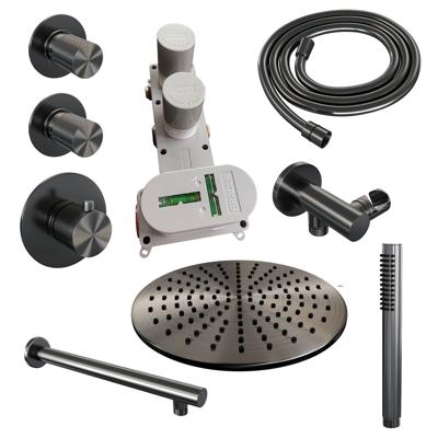 Gunmetal Carving thermostatische regendouche SET 02 | 30 cm douchekop | rechte muurarm | staaf handdouche | doucheslang | PVD geborsteld gunmetal