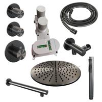 Regendoucheset Inbouw Brauer Gunmetal Carving Thermostatisch 30 cm met Wandarm en Handdouche Staaf Losse Stopkranen Geborsteld Gunmetal Brauer - thumbnail