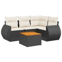 5-delige Loungeset met kussens poly rattan zwart - thumbnail