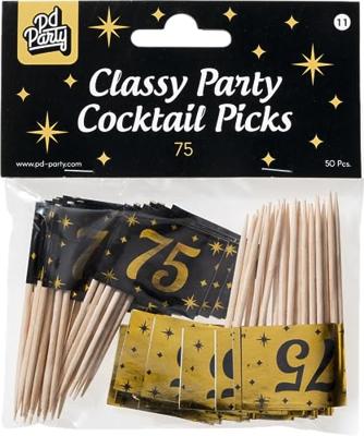 Classy Cocktail Prikkers 75 Jaar Zwart/Goud (50st)