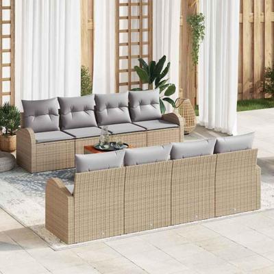 Tuinbankenset met kussen 9 pcs Beige poly rattan