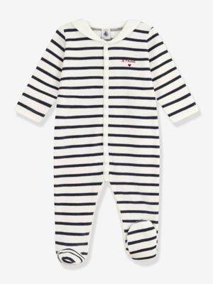 Gemengde baby pyjama in fluweel / velours met PETIT BATEAU streepjesprint marineblauw