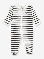 Gemengde baby pyjama in fluweel / velours met PETIT BATEAU streepjesprint marineblauw - thumbnail