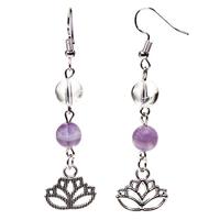 Chevron Amethist en Bergkristal Oorbellen met Lotus Design - thumbnail
