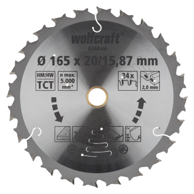 Wolfcraft Handcirkelzaagblad | Voor accu-handcirkelzagen | HM | Ø165 x 20/15,87mm | 1 stuk - 6344000