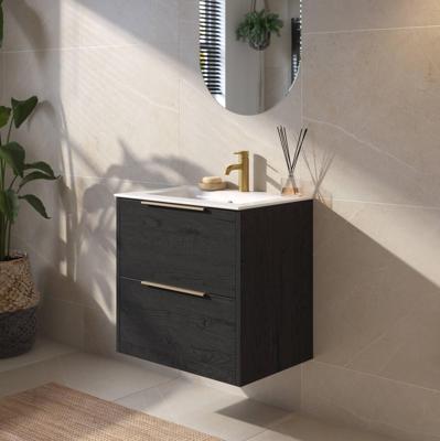 Saqu Lima badmeubel incl. keramische wastafel 60x46x61cm eiken zwart - messing greep