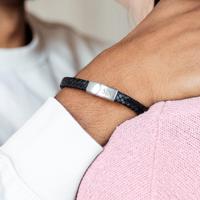 Luxe enkele heren armband leer graveren - Zwart - M - thumbnail