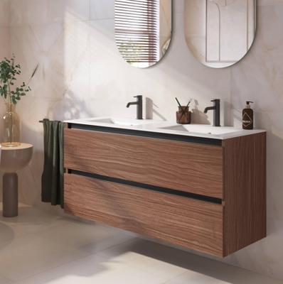 Saqu Gaia badmeubel incl. dubbele glans witte keramische wastafel 120x46x61cm noten urban - zwarte greeplijst