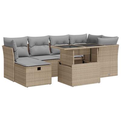 7-delige Loungeset met kussens poly rattan beige