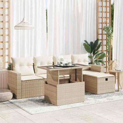 6-delige Loungeset met kussens poly rattan beige - thumbnail